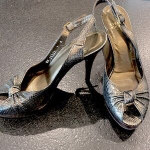 Metallic snakeskin heels peep toe sling backs by Stuart Weitzman bronze/gold